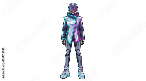 Futuristic cyberpunk female character wearing iridescent holographic clothing and helmet.