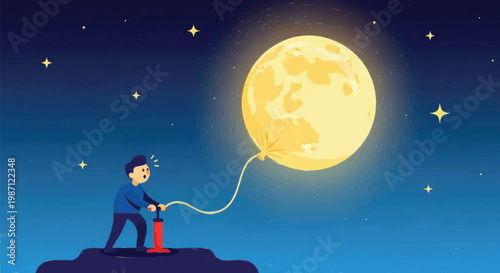 Man actively inflates a large, glowing moon balloon against a dark, starry night backdrop, representing ambition and bright ideas