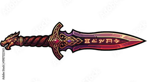 Fantasy dagger with dragon pommel and glowing runes.