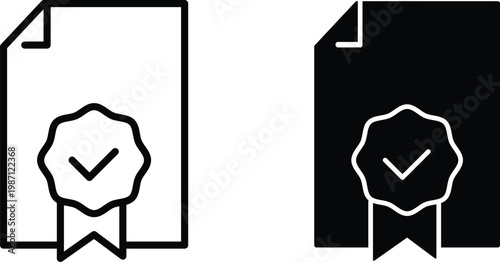 Certificate icon set with checkmark seal, official document vector symbols, black and white diploma icons for quality assurance and verification