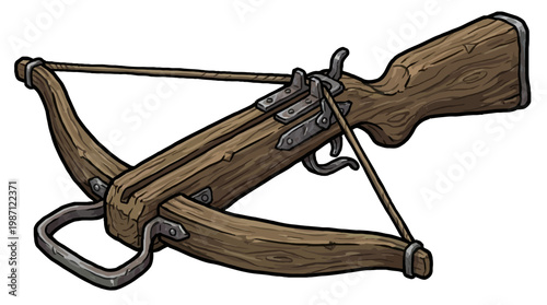 Vintage wooden crossbow with metal components isolated on white.