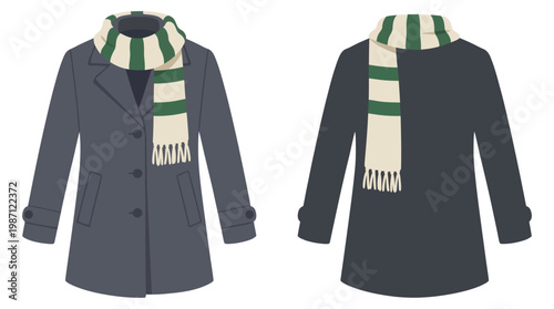 Front and back view of a grey winter coat with a striped scarf.