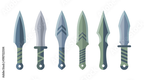 Collection of various ninja throwing knives isolated on white background.
