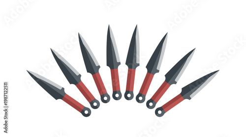 A set of eight sharp kunai throwing knives arranged in a fan shape.