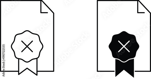 Rejected document icons with cross mark, invalid certificate with seal and ribbon, failed application paper vector set for business and legal use