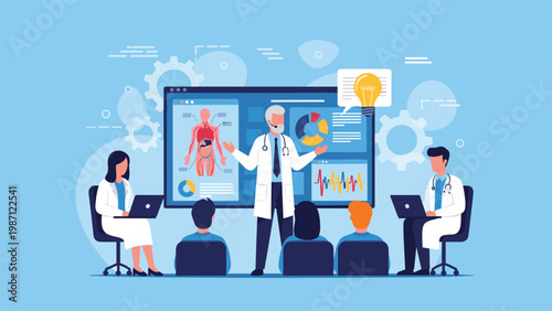 Engaging medical conference or lecture featuring a male doctor presenting human anatomy and research data on a large screen to an attentive audience.