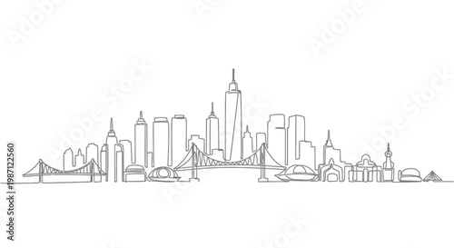 Continuous single line drawing of New York City skyline.