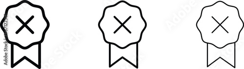 Minimalist rejection medal icons with cross mark, set of three black outline award ribbons, failed certification and quality control symbols