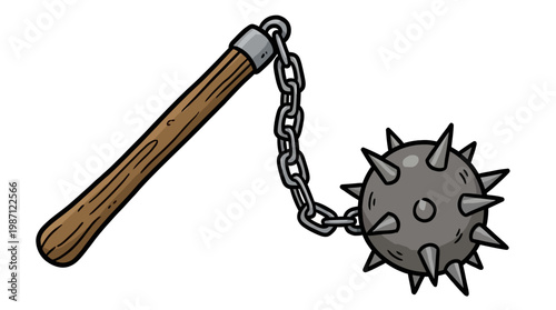 Cartoon style illustration of a medieval flail weapon.