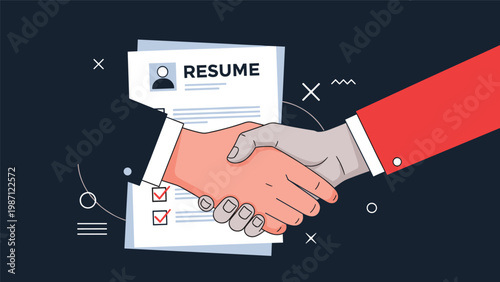 Two hands shaking firmly over a resume document, symbolizing a successful job interview, a new hiring agreement, or a strong employment partnership.