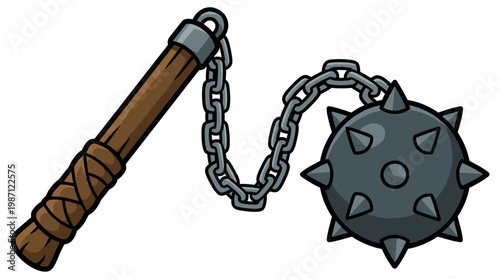 Cartoon illustration of a medieval flail weapon with a spiked iron ball.