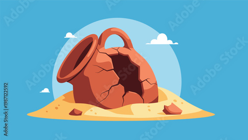 Fragmented ancient terracotta pot, half-buried in golden sand under a bright blue sky, symbolizing archaeological discovery and historical artifacts.