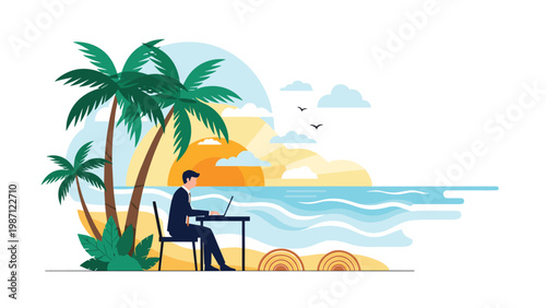Focused businessman sitting at a small table on a tropical beach, diligently working on his laptop with palm trees and a beautiful sunset ocean view.