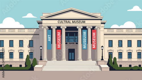 Magnificent "CULTURAL MUSEUM" building showcasing classical architectural elements, prominent columns, and art exhibition banners under a bright blue sky.