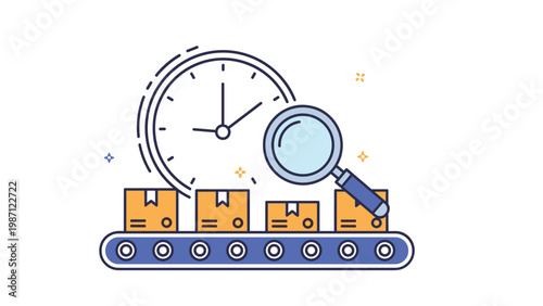 Conveyor belt moving packages, observed by a magnifying glass, alongside a clock, symbolizing efficient logistics, quality control, and timely delivery.