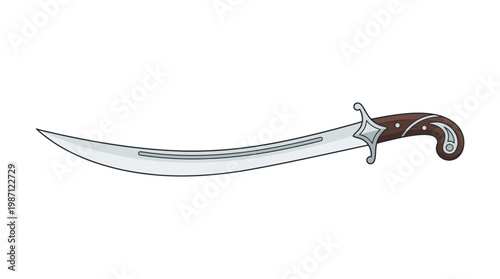 Historical Ottoman Scimitar Sword with Decorative Wooden Handle Illustration.