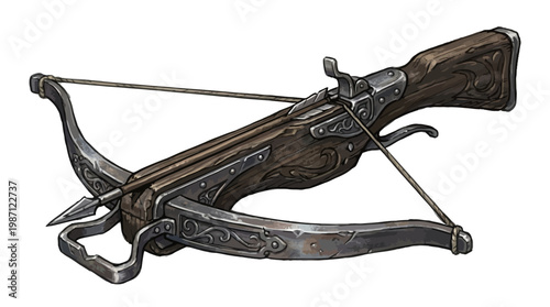 Detailed medieval crossbow illustration with intricate wood and metal design.
