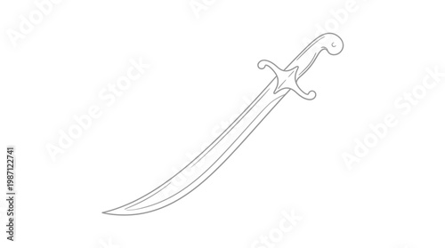 Detailed line art illustration of a traditional curved sword or scimitar.