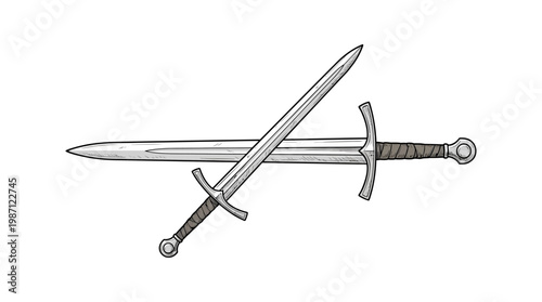 Crossed medieval longswords sketch isolated on white background.
