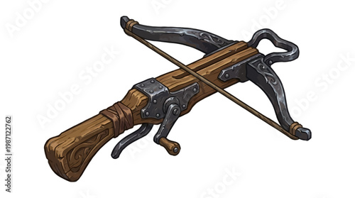 Detailed Handcrafted Medieval Crossbow Weapon Isolated on White Background.