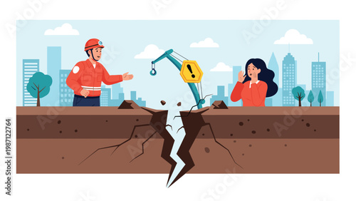 Rescuer extending help to a distressed woman separated by a large earthquake crack in a city, with a warning sign indicating danger.