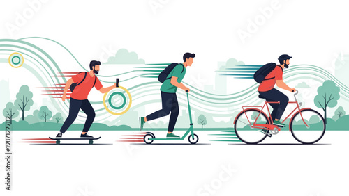 Dynamic illustration of people actively engaged in diverse urban transportation, showcasing skateboarding, scootering, and cycling with speed lines in a vibrant park setting.