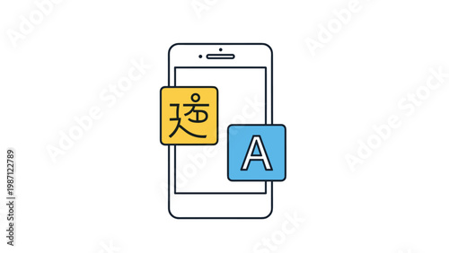 Mobile phone displaying a language translation application with Chinese characters and the letter A, representing multilingual communication and digital interpretation services.