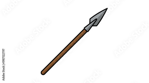 A sharp metal spear with a wooden handle isolated on a white background.
