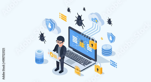 Cybersecurity concept with hacker and laptop protecting data.