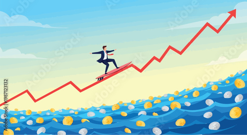Navigating financial prosperity A determined businessman surfs an upward market trend amidst a sea of gold and silver coins