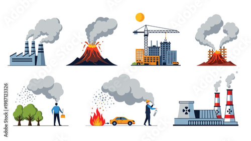 Illustrative set depicting diverse sources of environmental pollution, including industrial factories, volcanic eruptions, construction sites, vehicle fires, and nuclear power plants.
