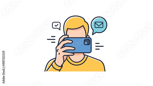 Person capturing a moment with a smartphone, with message and checkmark icons appearing, symbolizing digital communication and sharing through mobile photography.