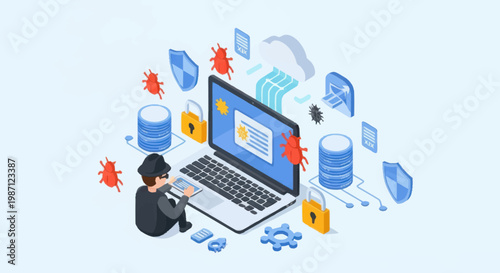 Cybersecurity hacker protecting laptop from digital threats and viruses.