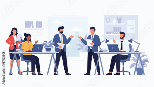 Collaborative business meeting in a modern open-plan office, with professionals actively discussing and working on laptops, fostering teamwork and productivity.