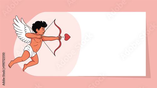 Adorable Cupid character flying gracefully with his bow and arrow, featuring ample blank space for personalized text, perfect for romantic messages or invitations.