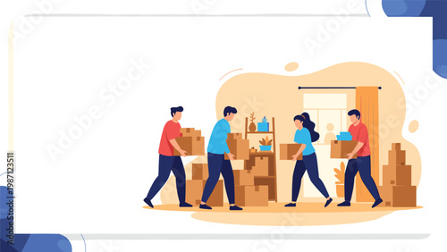 Group of happy people diligently moving cardboard boxes into a new home, symbolizing relocation, new beginnings, and teamwork in a domestic setting.