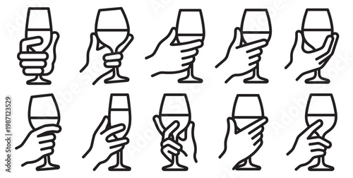 Photos set of hands holding wine glasses, alcohol drink line icons for bar and restaura