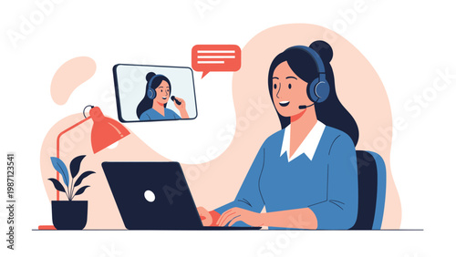 Woman engaged in a clear video call with another woman, symbolizing efficient online customer support, virtual assistance, and remote communication services.