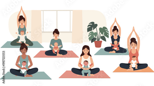 Group of serene mothers practicing yoga with their babies, illustrating post-natal fitness, maternal bonding, and family wellness in a peaceful setting.