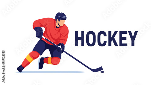 Dynamic ice hockey player in full gear, vigorously skating with a stick and puck, showcasing speed, skill, and athleticism in the sport.