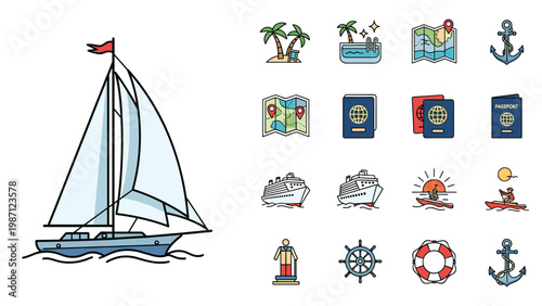 Elegant sailboat cruising on the water, accompanied by a comprehensive collection of travel and vacation-themed icons, symbolizing maritime adventures and global tourism.