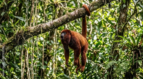 Red Howler Monkey Hanging from a Branch in a Dense Tropical Rainforest Environment