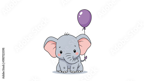 Adorable cartoon baby elephant gently holding a vibrant purple balloon, radiating innocent charm and playful sweetness, perfect for children's designs.