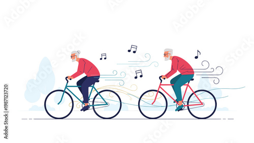 Two happy elderly people riding bicycles with musical notes and wind effects, symbolizing active aging, freedom, and enjoying life.