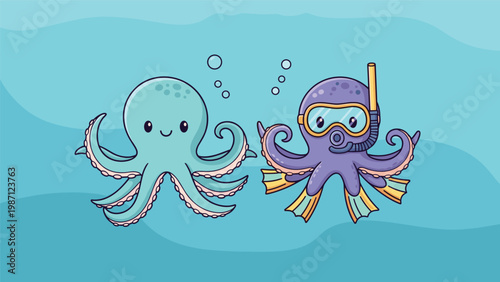 Two cute octopuses swimming underwater, one with a snorkel and flippers, depicting a playful and adventurous marine life scene.