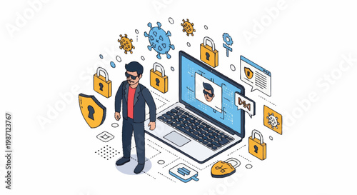 Cybersecurity concept with hacker and digital threats.