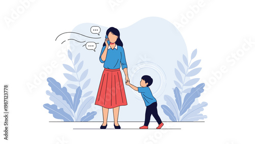 A busy mother on a phone call, holding her child's hand, illustrating the challenges of balancing work, family, and childcare.