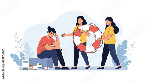 Two empathetic women offering a lifebuoy to a sad, struggling woman surrounded by pills, symbolizing support, mental health, and help.