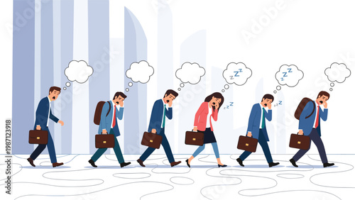 A line of exhausted and sleepy businesspeople walking, with thought bubbles indicating fatigue, symbolizing burnout and overwork.