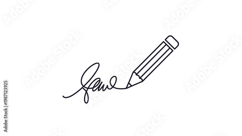 A simple line art illustration of a pencil writing a signature, symbolizing creativity, education, signing documents, and official approval.